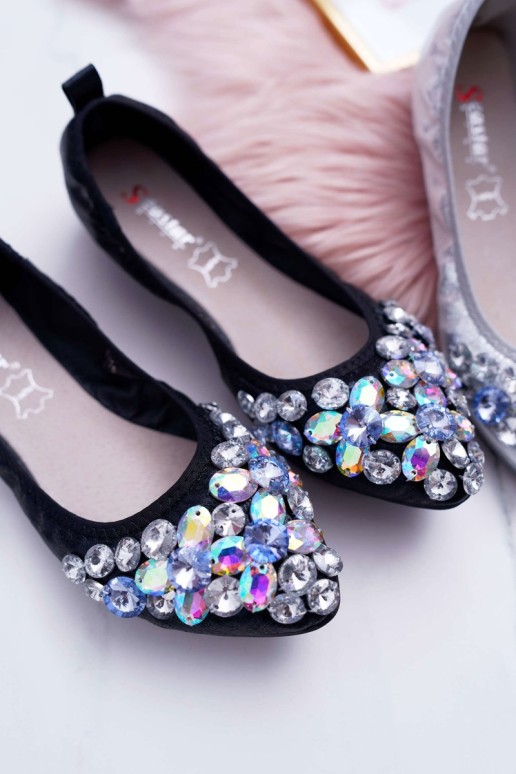 Leather Ballerinas with Stones Black Crystal