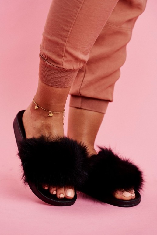 Women's Slides With Fur Black Belmondo