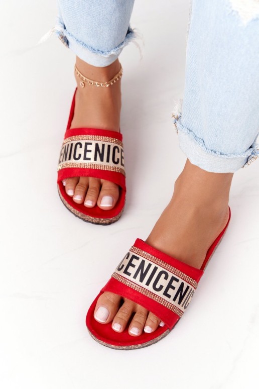 Slippers On Cork Sole With Cubic Zirconia Red Be Nice