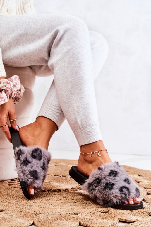 Slippers With Fur Rubber Leopard Gray Noelle