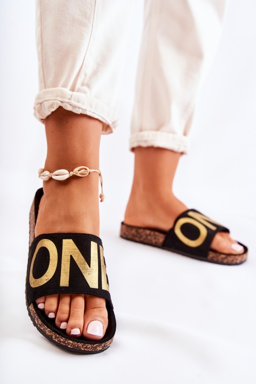 Classic Slip-On Slippers With Inscription Black and Gold Bahari