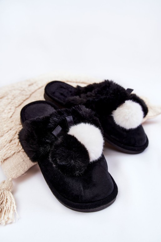 Women's Slippers With Pompoms And Fur Black Sahira