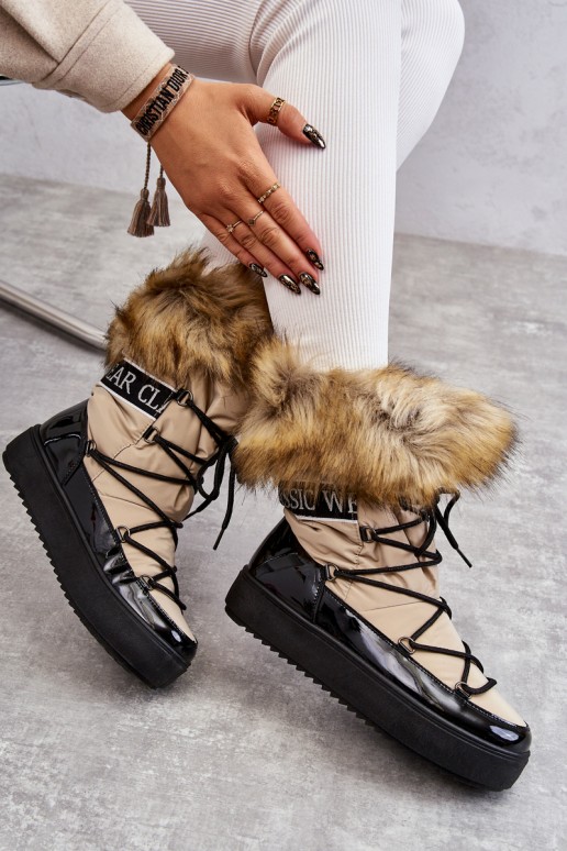 Women's Lace-up Snow Boots Beige and Black Santero