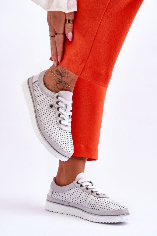 Madingi odiniai ažūriniai sportiniai batai baltai sidabro spalvos Cantare