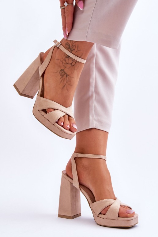 Suede Square Heel Sandals Beige Powerful