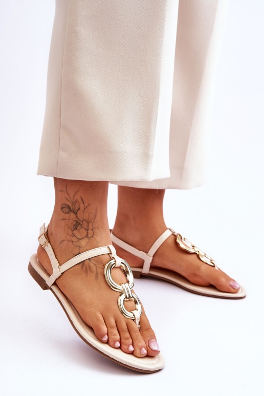 Leather Flat Heel Flip Flops Beige Keep Going