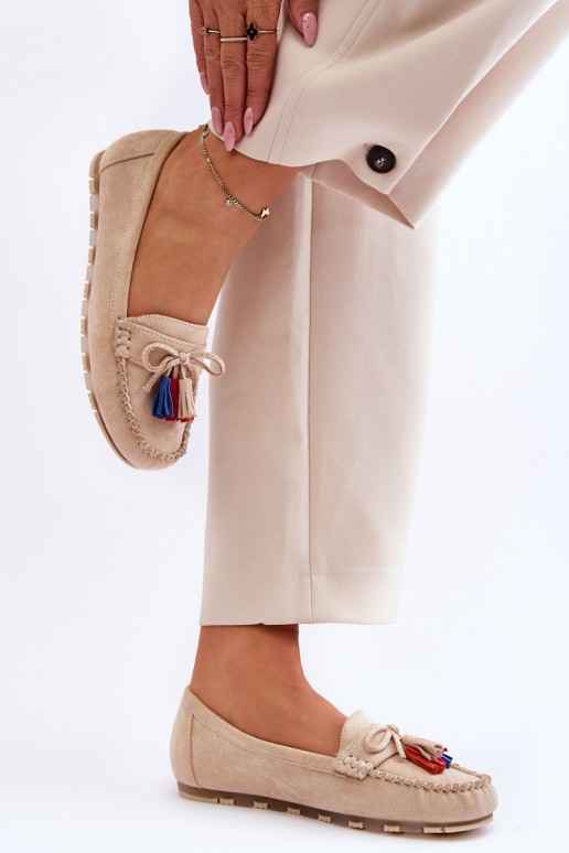 Suede Loafers With Bow And Fringes Beige Dorine