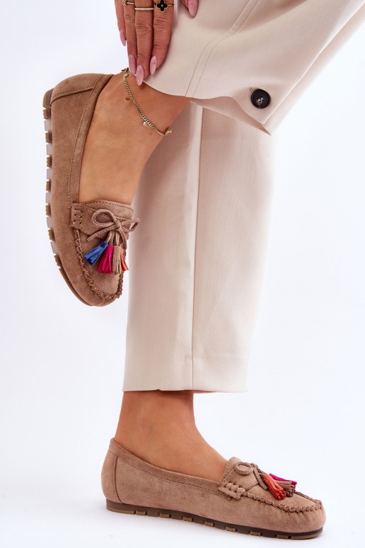 Suede Loafers With Bow And Fringes Dark beige Dorine