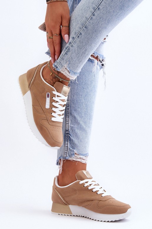 Leather Lace Up Platform Sports Shoes Beige Merida