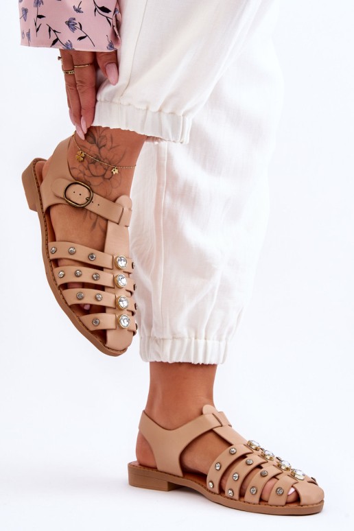 Women's Flat Sandals With Zircons Beige Ascot