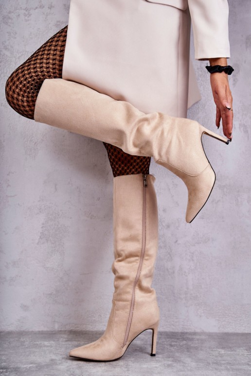 Suede High Heel Boots Beige Carite