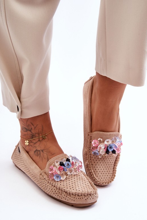 Stylish Suede Moccasins with Decorations Beige Delima