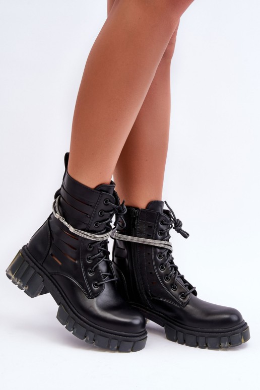 Fashionable Workers Boots With Chain Black Solesso