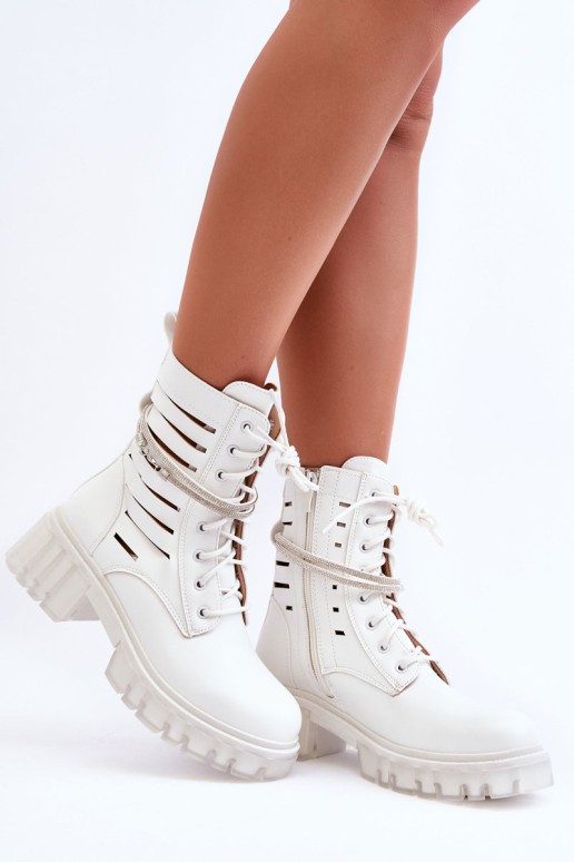 Fashionable Lace-up Boots with Decorative Strip White Rocky