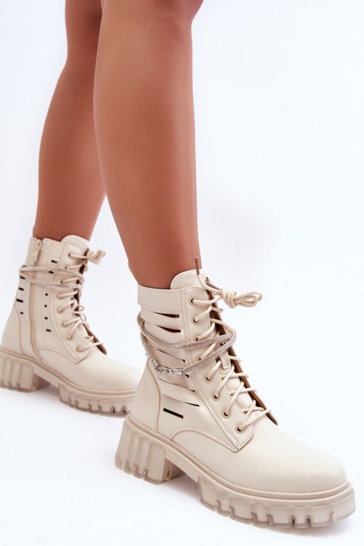 Fashionable Lace-up Boots with Decorative Strip Beige Rocky