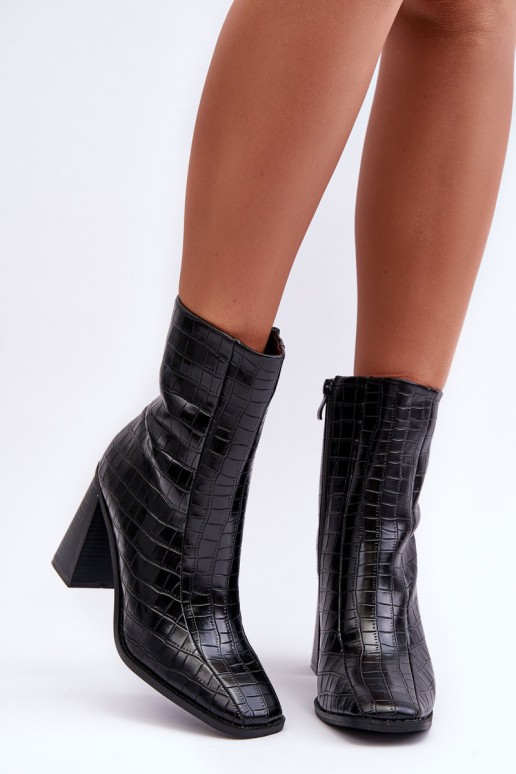 Leather High Boots Snake Pattern Black Kornell