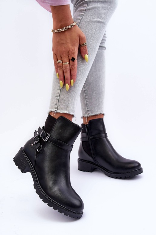 Women's Leather Boots With Straps Black Minks