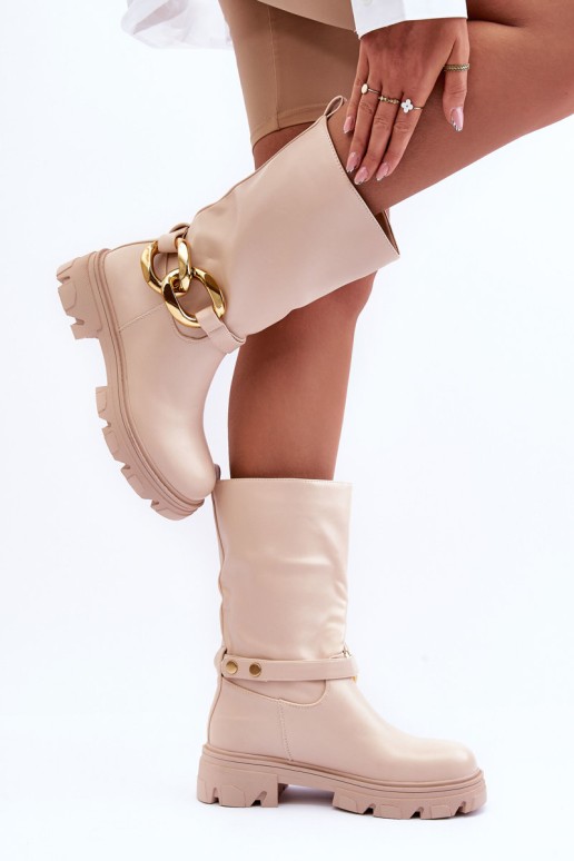 Leather Ankle Boots with Flat Heel Beige Diominna