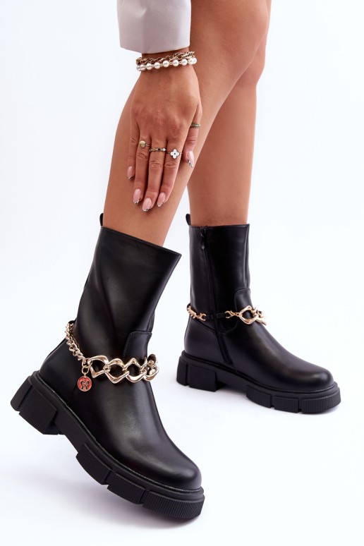 Leather High Boots with Chain Black Pugen