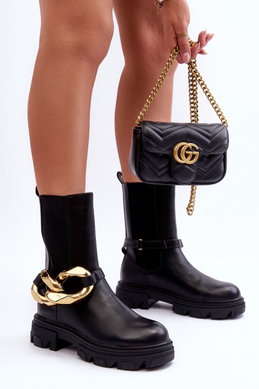 Fashionable Leather Boots Ankle Boots with Chain Black Kambiz