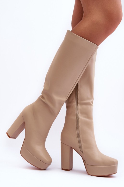 Women's Over The Knee Boots On Heel And Platform Beige Baldrema