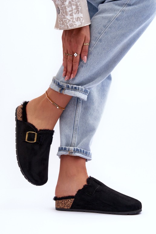 Women's Suede Mules with Faux Fur Black Haidamia