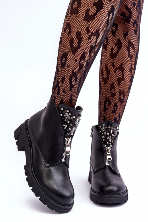 Low Embellished Leather Boots With Zipper Black Escika