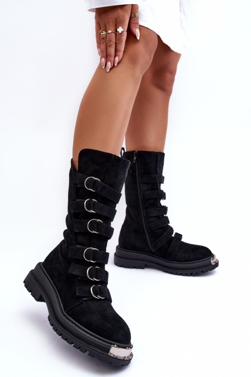 Leather High Boots with Straps Black Elnatea