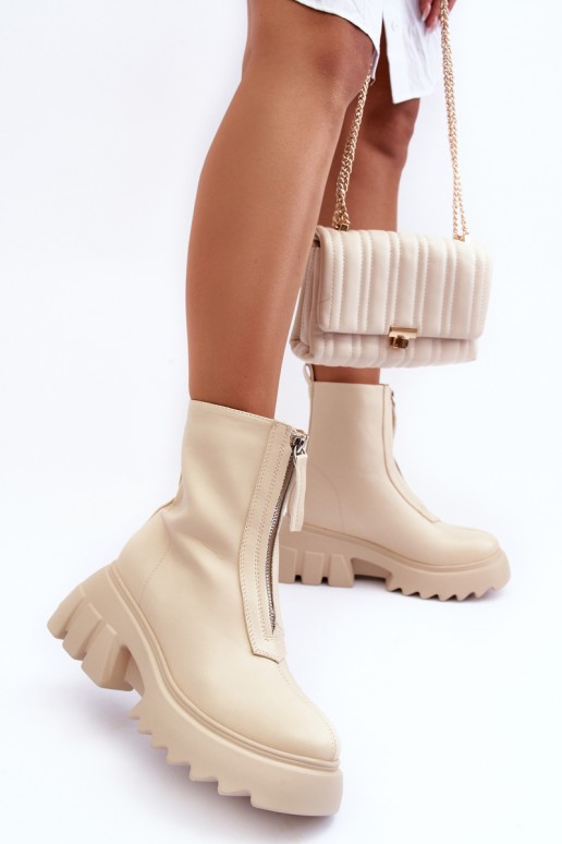 Women's Massive Platform Boots with Zipper Beige Kusma