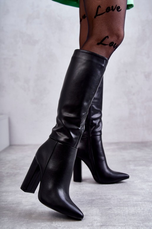 Classic Leather Boots On Heel Black Tressa