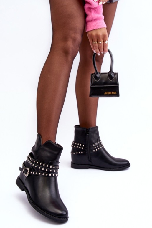 Women's Adorned Leather Boots on a Flat Heel Black Adkrana