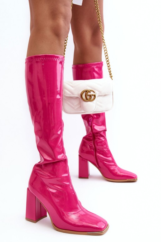 Glossy Knee-High Boots on Heel in Fuchsia Mlokva