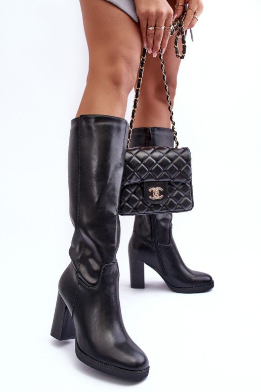 Elegant Leather Knee-High Boots On Heel Black Felsha