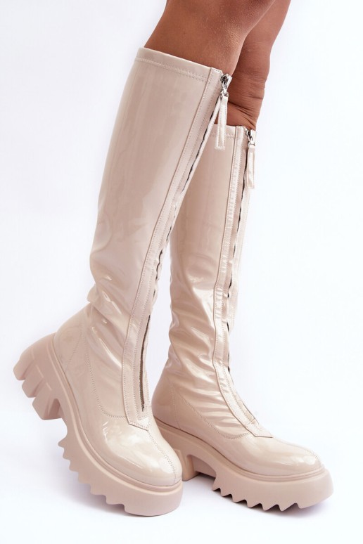 Lace-up Platform Boots with Glossy Finish Beige Ringo