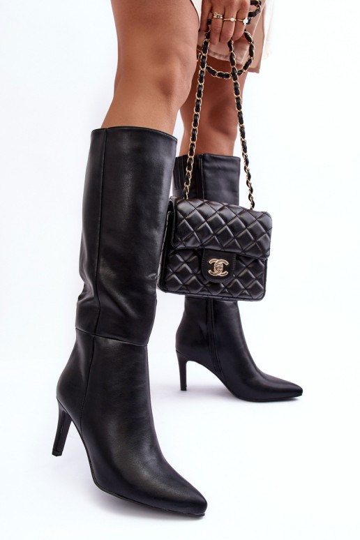 Leather Knee-High Boots with Heel Black Serpens