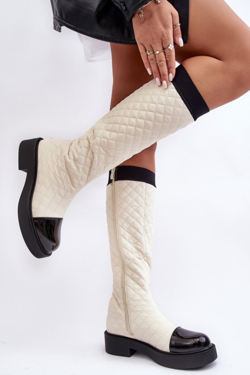 Quilted Knee-High Boots On Flat Heel Beige Amalfri