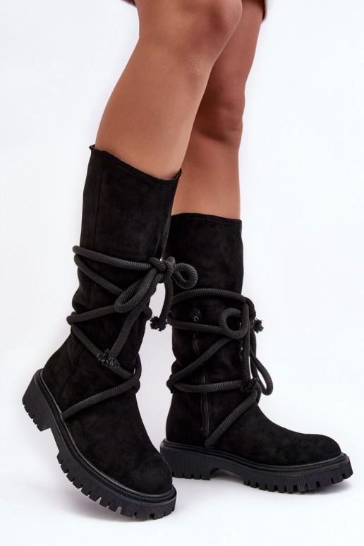 Women's Suede Boots with Lacing Black Tanive