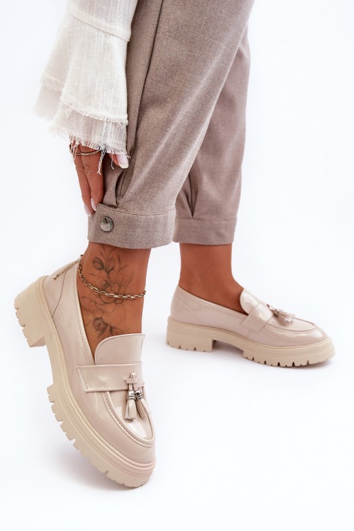 Lacquered Loafers with Fringes Light Beige Velenase