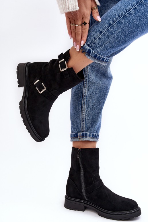 Women's Flat Heel Boots with Buckles Black Bliggore