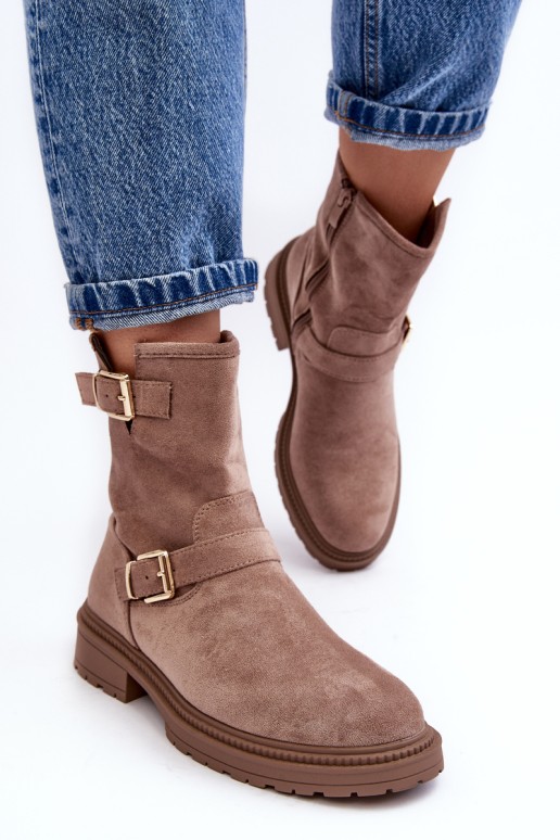 Women's Flat Heel Boots with Buckles Dark Beige Bliggore