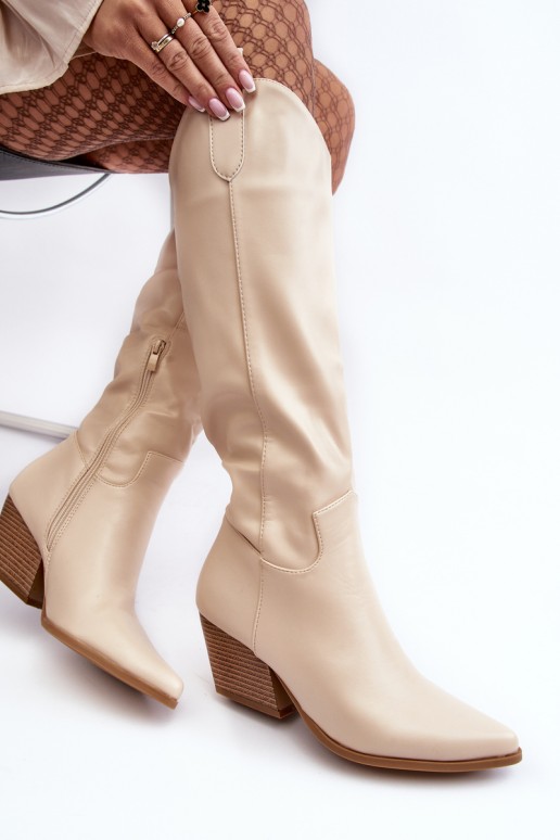 Women's Cowboy Boots On Heel Light Beige Kaspella