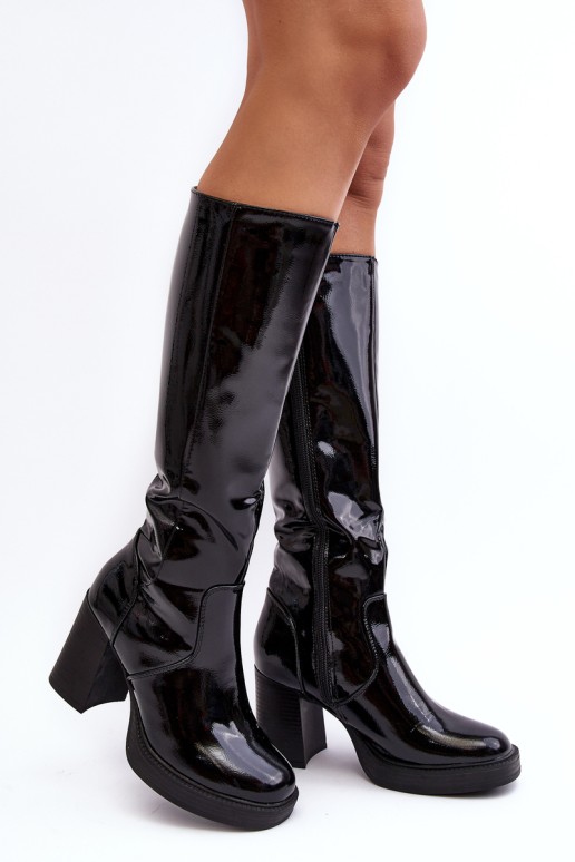 Women's Patent-Leather Boots On Heel Black Efatina