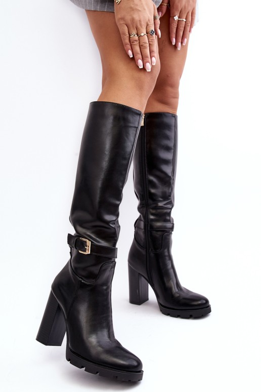 Women's Leather Boots on Heel with Buckle Black Bordda