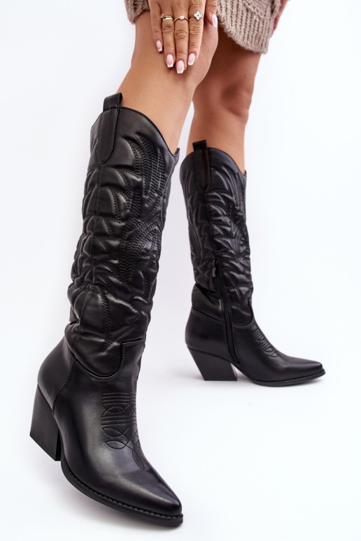 Women's Leather Cowboy Boots On Heel Black Sloana
