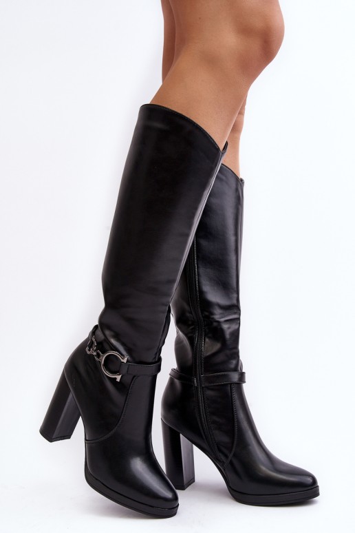 Women's Heeled Boots with Ornament Above the Knee Black Rahallis