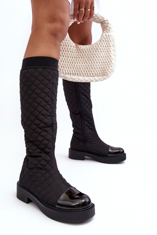 Flat Heel Over The Knee Quilted Boots Black Amalfri