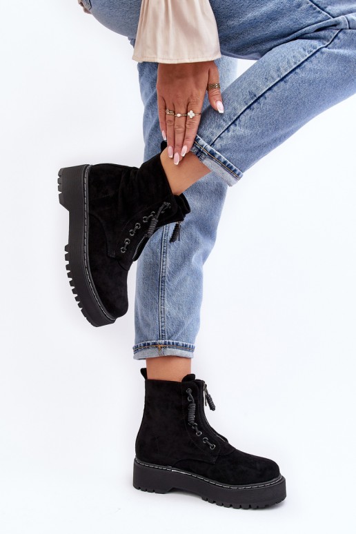 Women's Suede Trapper Boots with Thick Sole and Zipper Black Edivame