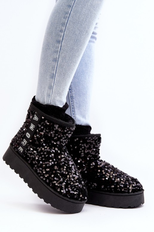 Women's Snow Boots On Platform Embellished With Rhinestones Black Silmo