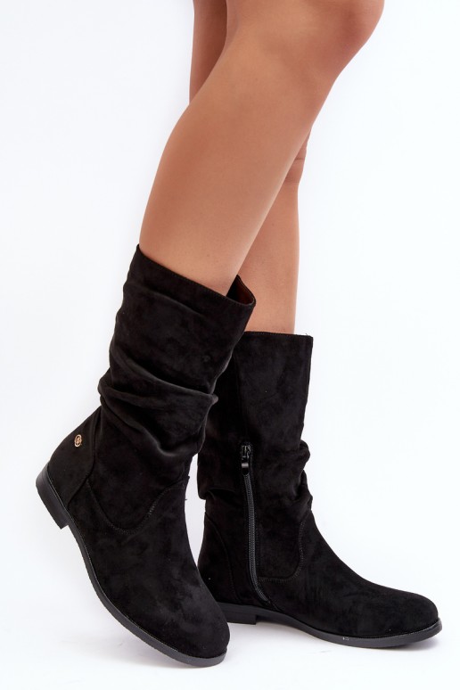 Women's Flat Heel Ankle Boots with Pleated Upper Black Kotine