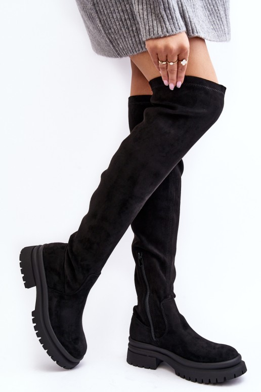 Women's Flat Heel Over-the-Knee Boots Black Silune